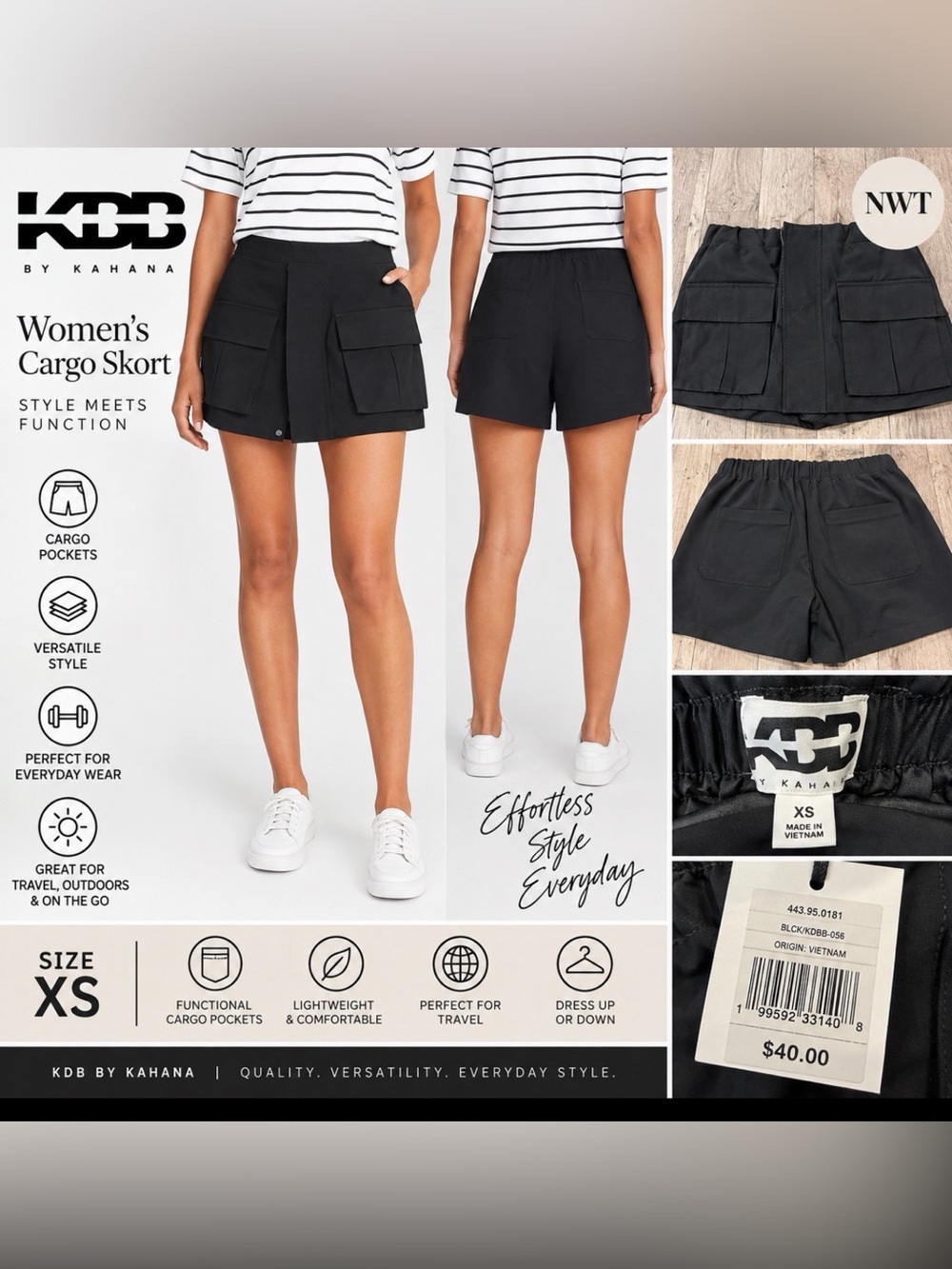 KBB by Kahana Women’s Black Cargo Skort Size XS NWT